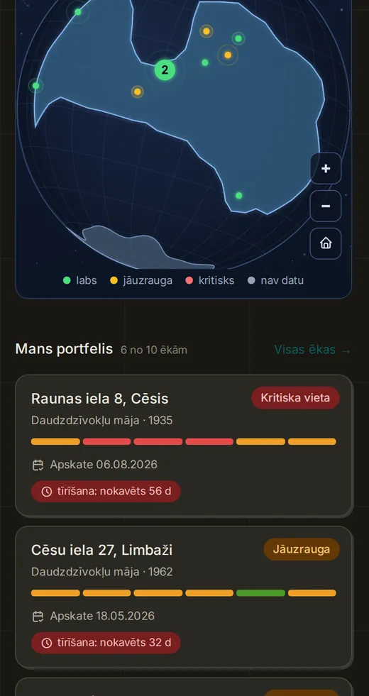 Klientu portāla demo: ēku karte un portfelis ar apskašu un tīrīšanas termiņiem